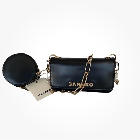 Sandro Black Mini Leather Shoulder Bag 2-1 with Gold Chain - Picture 1 of 7
